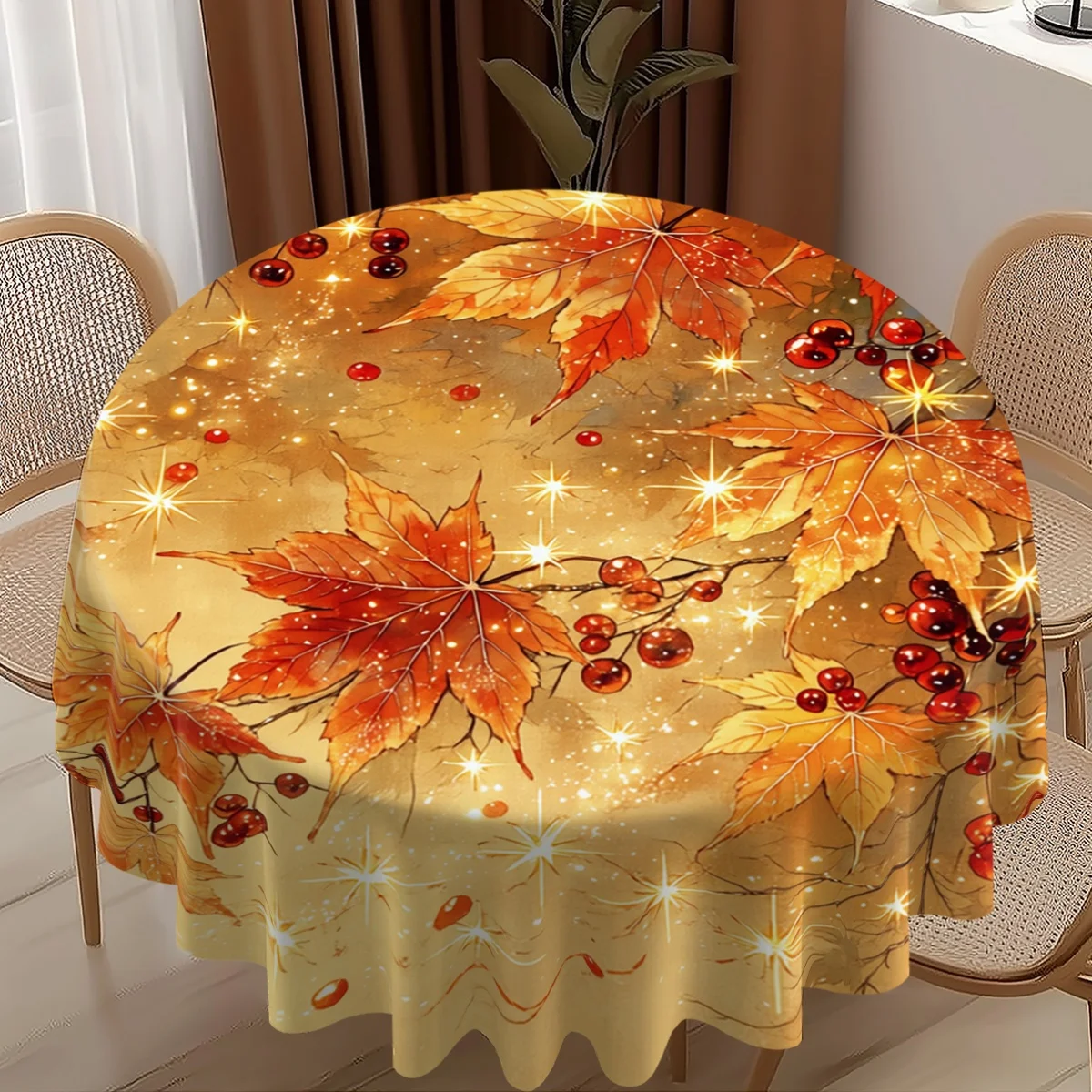 1 piece of 2D flat-printed circular tablecloth, maple leaves, red berries, stars, suitable for home usezyc