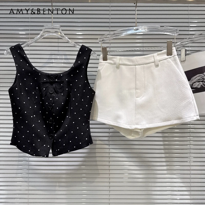 

2026 Summer New Temperament Fashion Women's Shorts Sets Sweet Cool Bow Polka Dot Vest White Shorts Skirt Two-piece Set Ladies