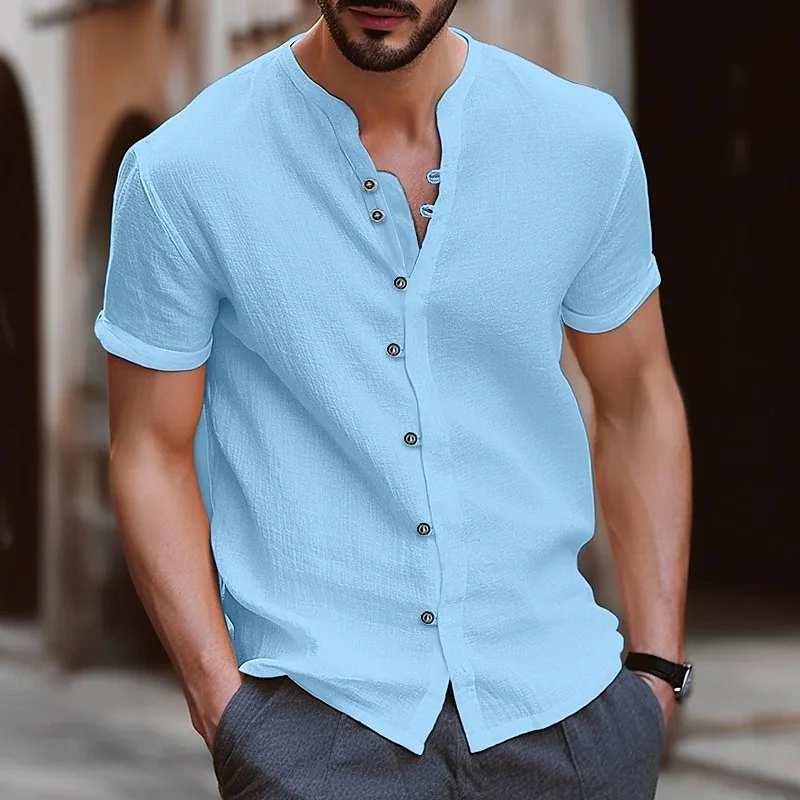 Summer Men's High-End Fashion Shirt - Classic Style Buttoned Cotton Linen Casual Plain Breathable Short-Sleeved Round-Neck Top