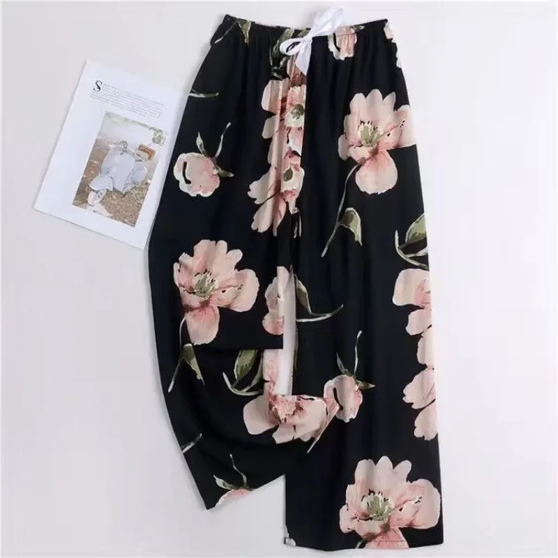 2024 Home Pants Women Spring Summer Thin Sleep Pants Floral Printed Pajama Pants Wide Leg Loose Plus Size Calf-length Bottoms