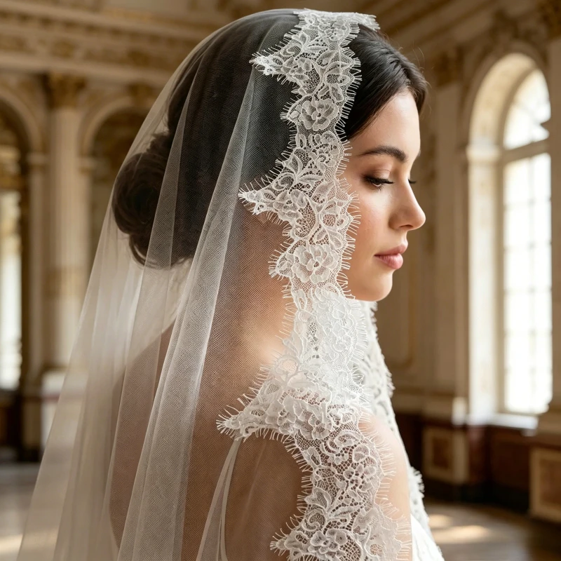 Chantilly Lace Mantilla Wedding Veil Cathedral Bridal Veil Vintage Boho Style Wedding Accessories Soft Tulle Mantilla Lace Edge