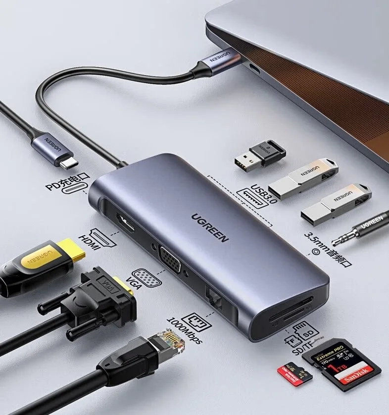 UGREEN 80133 10 in 1 USB C Hub HDMI VGA Multiport Adapter Type C Dock Station for Laptop PC
