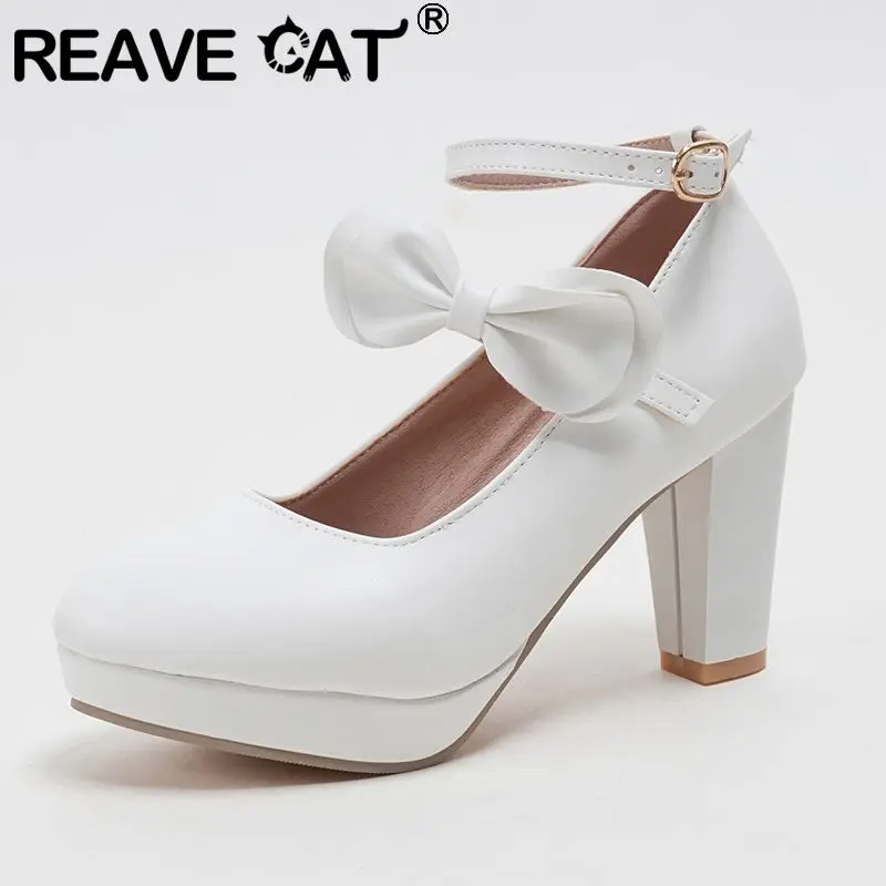 

Туфли-лодочки REAVE CAT розовые, женские, с круглым носком, на каблуке 9 см, на платформе, с пряжкой, бантом, большие размеры 42, 43, 44, 45, в стиле Лолита