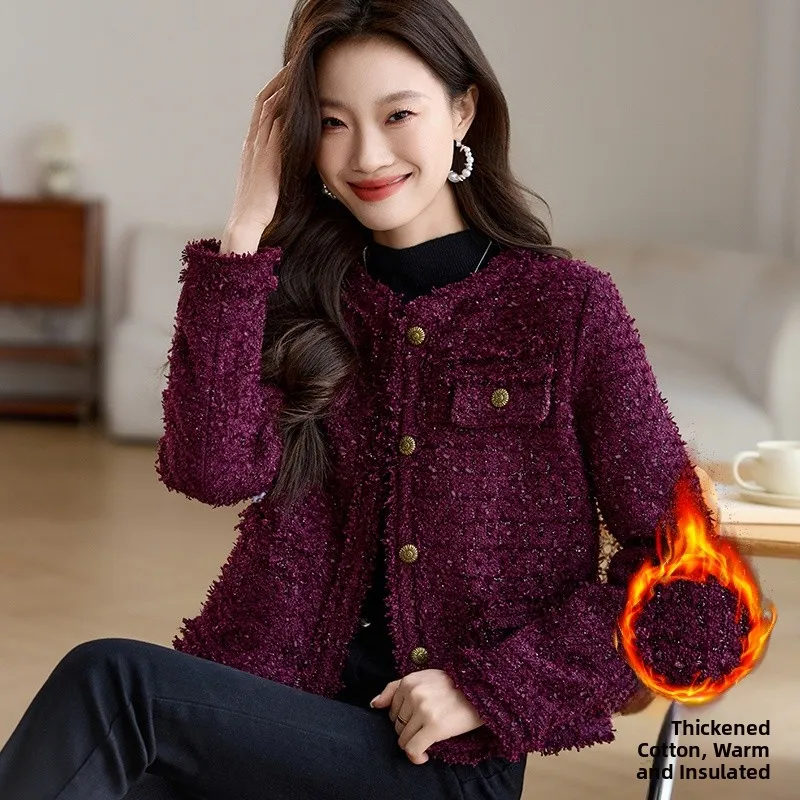 

Женское осенне-зимнее хлопковое пальто Thened, красное высококачественное твидовое пальто Faionable Ele Small Fraance Sle