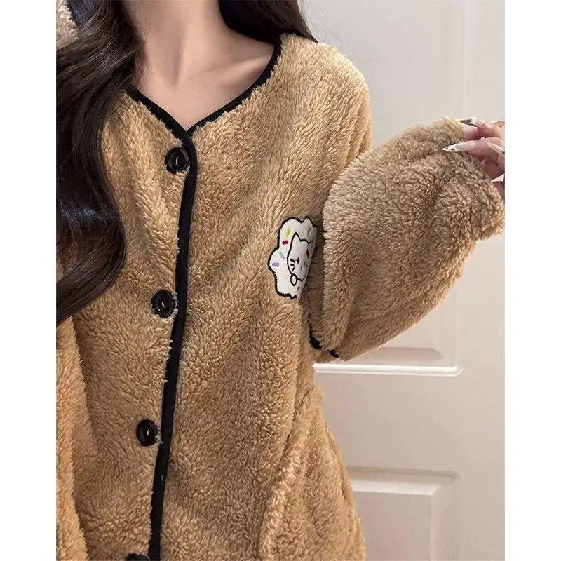 Sanrio quente e wearable casa terno conjunto olá kitty pijamas feminino outono inverno engrossado coral velo dos desenhos animados kt gato flanela