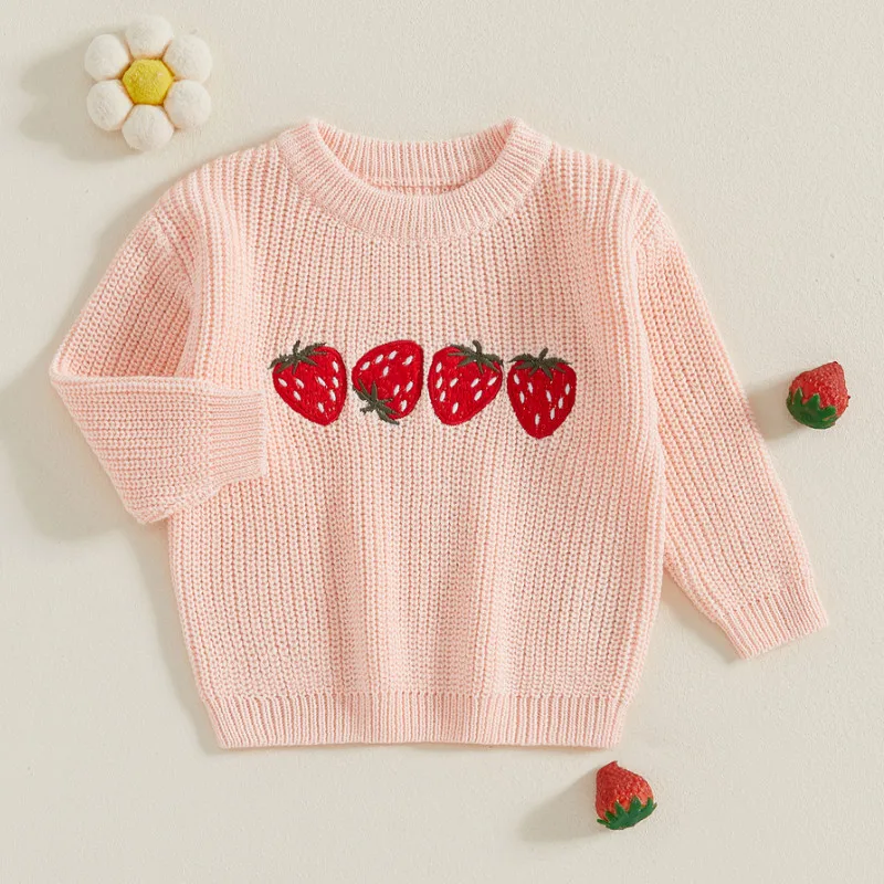 

RUEWEY 0 to 3 Years Toddler Girls Sweater Autumn Winter Clothes Strawberry Embroidery Crew Neck Long Sleeve Kids Pullovers Tops