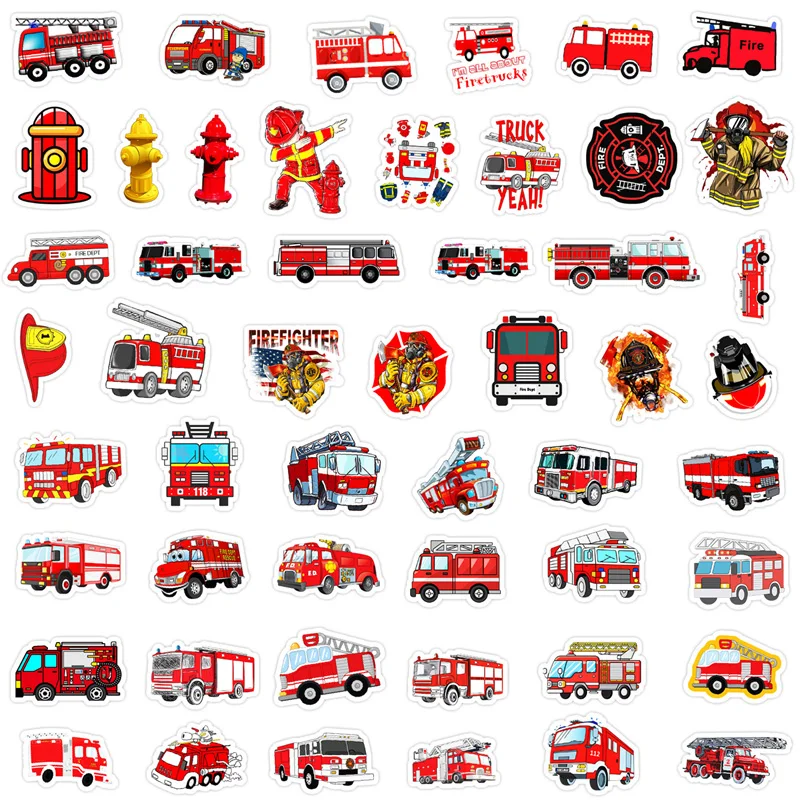 50 Pcs/Set Fire Truck Graffiti Sticker for Kids Notebook Hand Account Pencil Case Decoration Waterproof Label Stickers