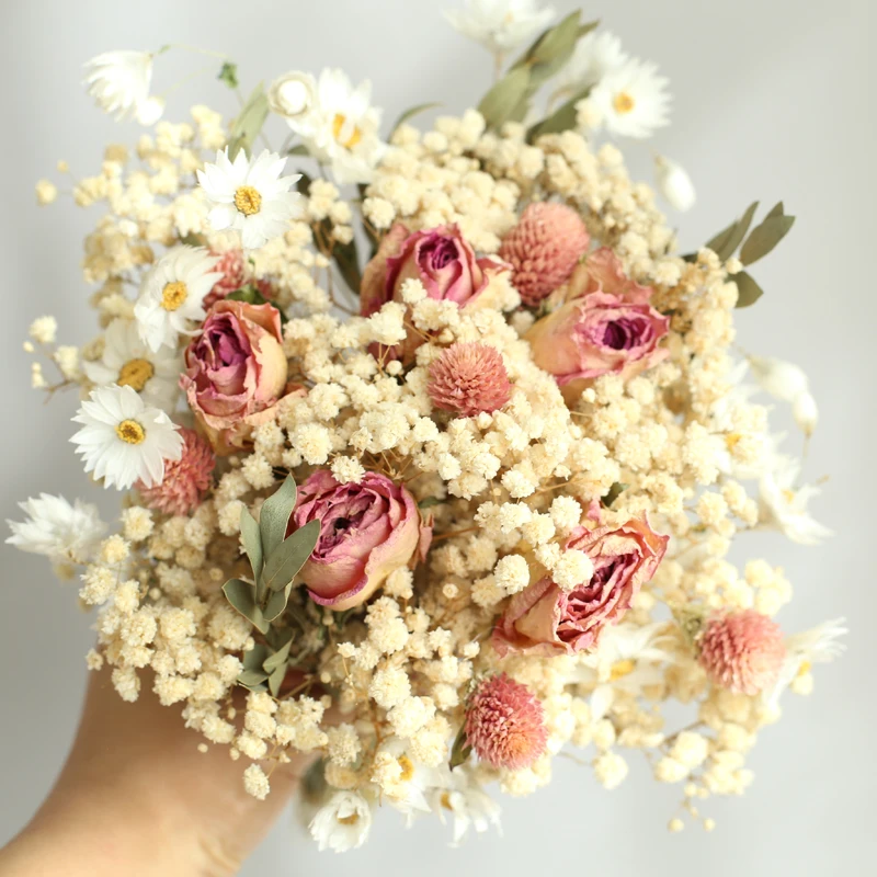 Baby'sBreath Eternal Rose Wedding Bridal Bouquet Natural Bridesmaid Hand Holding Flowers Wedding Engagement Valentines Day Decor