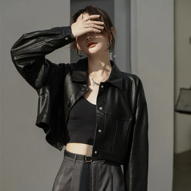 PU Short Jacket Women Autumn Winter Imitation Leather Crop Coats Handsome Versatile Lapel Faux Street Long Sleeves Loose Clothes