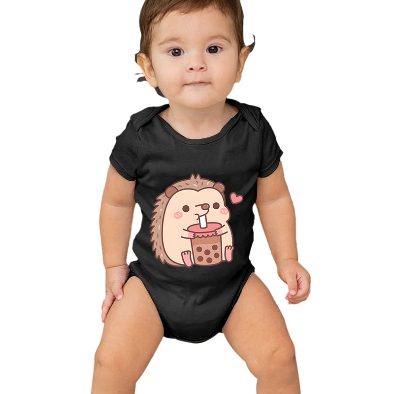 Baby Romper Cute Hedgehog Loves Drinking Bubble Tea Print Infant Cotton Jumpsuit Summer Short Sleeve Newborn Girl Boy Bodysuits