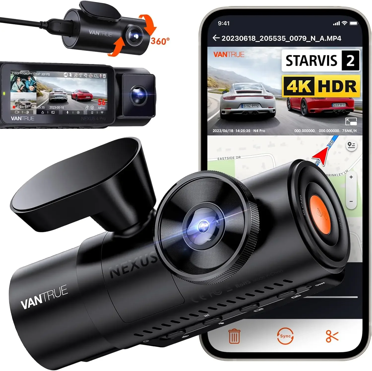 home.N4 Pro 3 Channel 4K WiFi Dash Cam, STARVIS 2 IMX678 Night Vision, 4K+1080P+1080P Front Inside and Rear Triple Car Camera