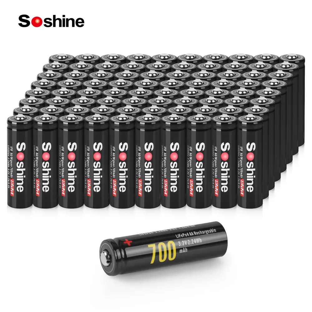 Soshine 100pc AA 14500 LiFePO4 Battery 3.2V 700mAh Rechargeable Battery 1000 Cycles Time for Wireless Mouse Flashlight Wholesale