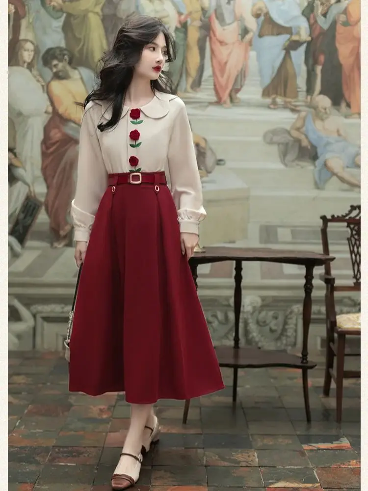 

Retro French Style Woman 2 Piece Set Vintage Embroidery Rose Peter Pan Collar Shirt Tops & Red Skirt With Belt Elegant Outfits