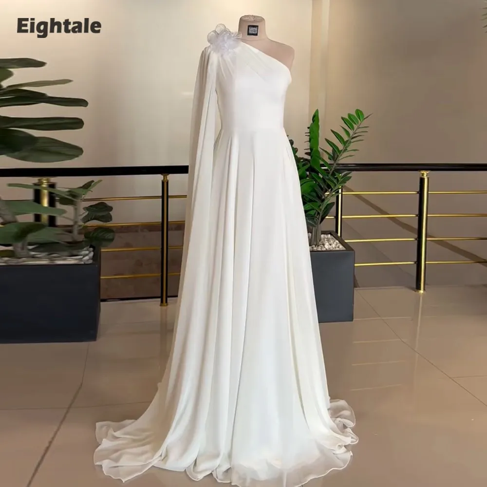 Eightale Arabisches Hochzeitskleid mit einer Schulter, maßgeschneidert, elfenbeinfarbenes Satin, Flügelärmel, muslimisches Brautkleid, A-Linie, Brautpartykleid
