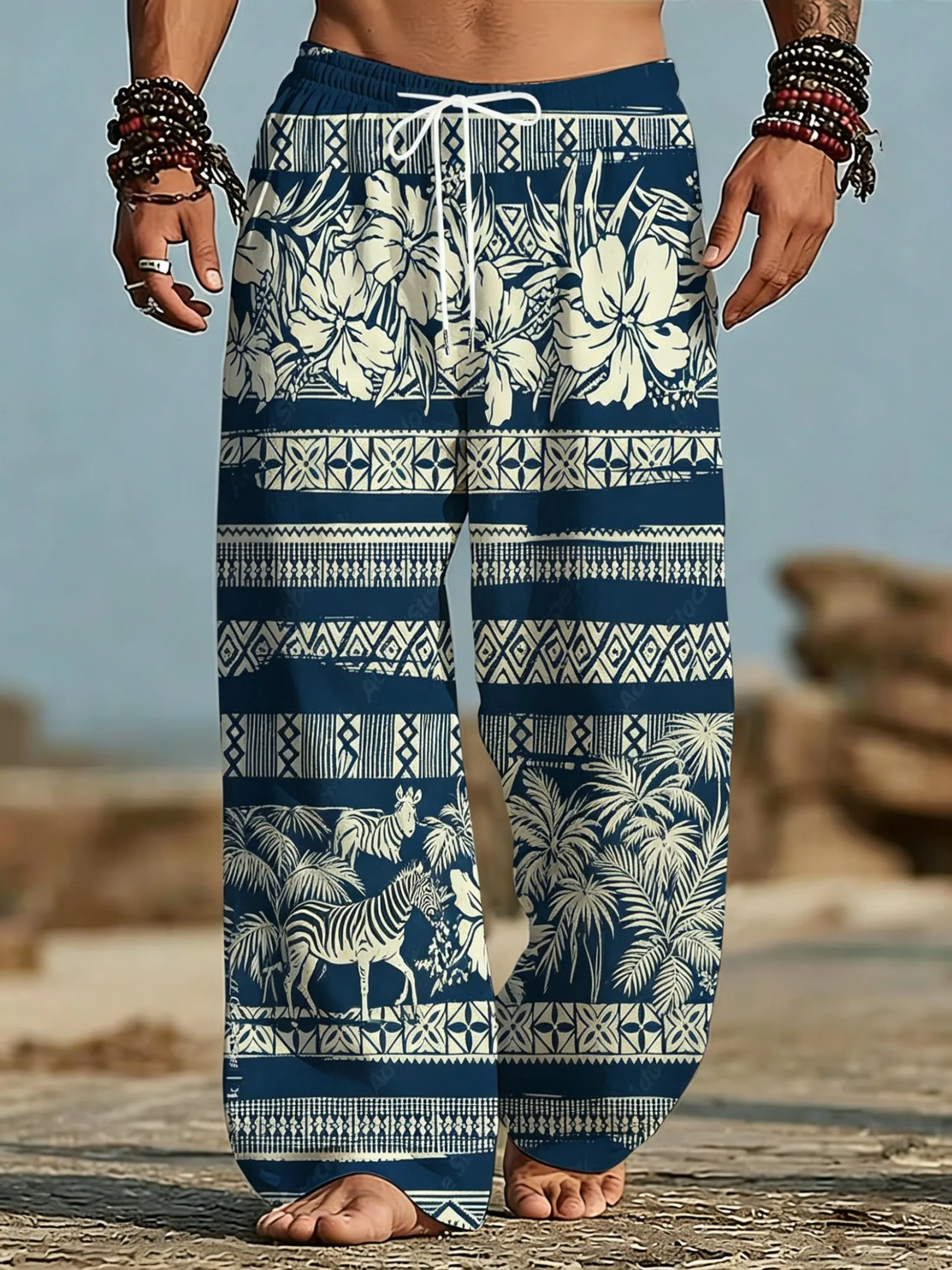 

Men's Spring Summer Zebra Hibiscus Palm Tribal Stripe Print Drawstring Pants, Tropical Safari Trousers for Beach Daily Outfit
