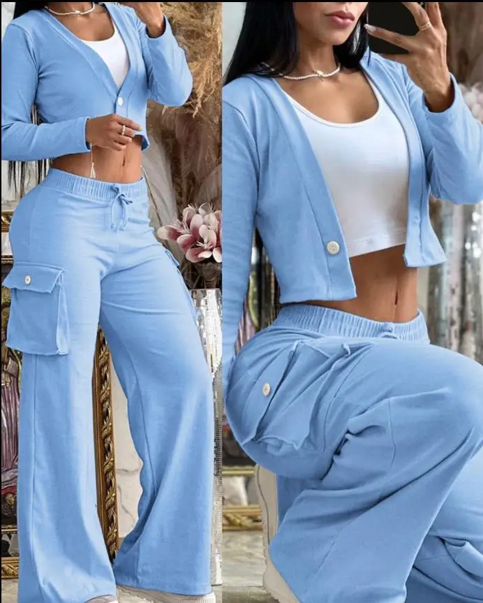 Autumn Women\'s Fashion Suit Deep V-neck Button Long Sleeve Navel Top Drawstring Mid Waist Pocket Wide-Leg Pants Suit Women