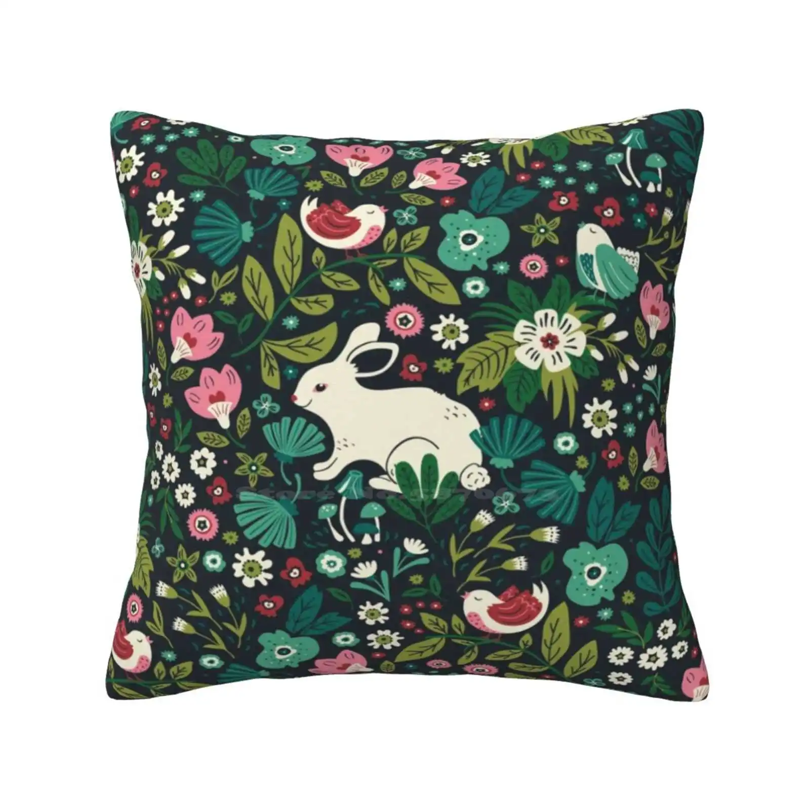 Forest Friends Fashion Sofa Throw Pillow Cover Pillowcase Rabbit Birds Forest Florals Wild Flowers Surface Pattern Kids Mothers