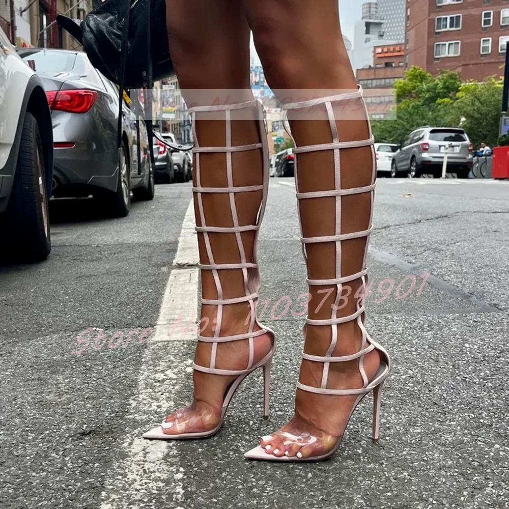

Прозрачные сандалии до колена в римском стиле, женские пикантные туфли на высоком каблуке с острым носком на молнии, женские вечерние модные повседневные сандалии большого размера