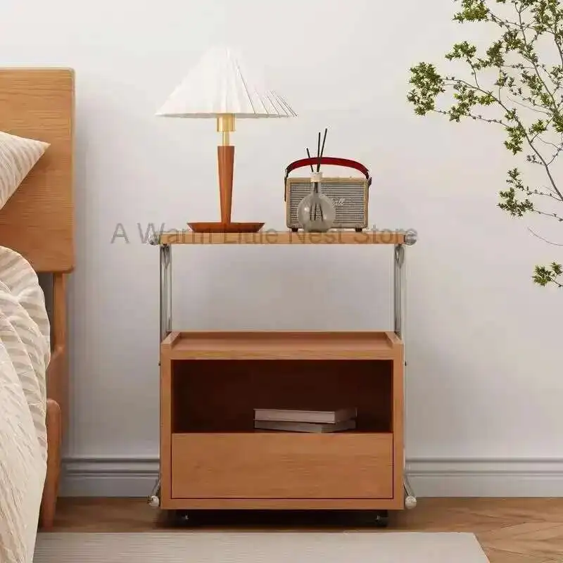 

Solid Wood Bedside Table Movable Night Stands for Bedroom with Roller Nightstands Storage Cabinet for Home Bedroom Furniture