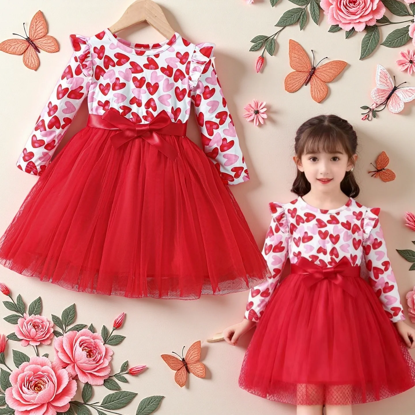 

Kids Dresses Girls' Winter Christmas Party Princess Dress With Mesh & Lining Holiday Fun Long Sleeve Baby Dress With Belt 2 To 7