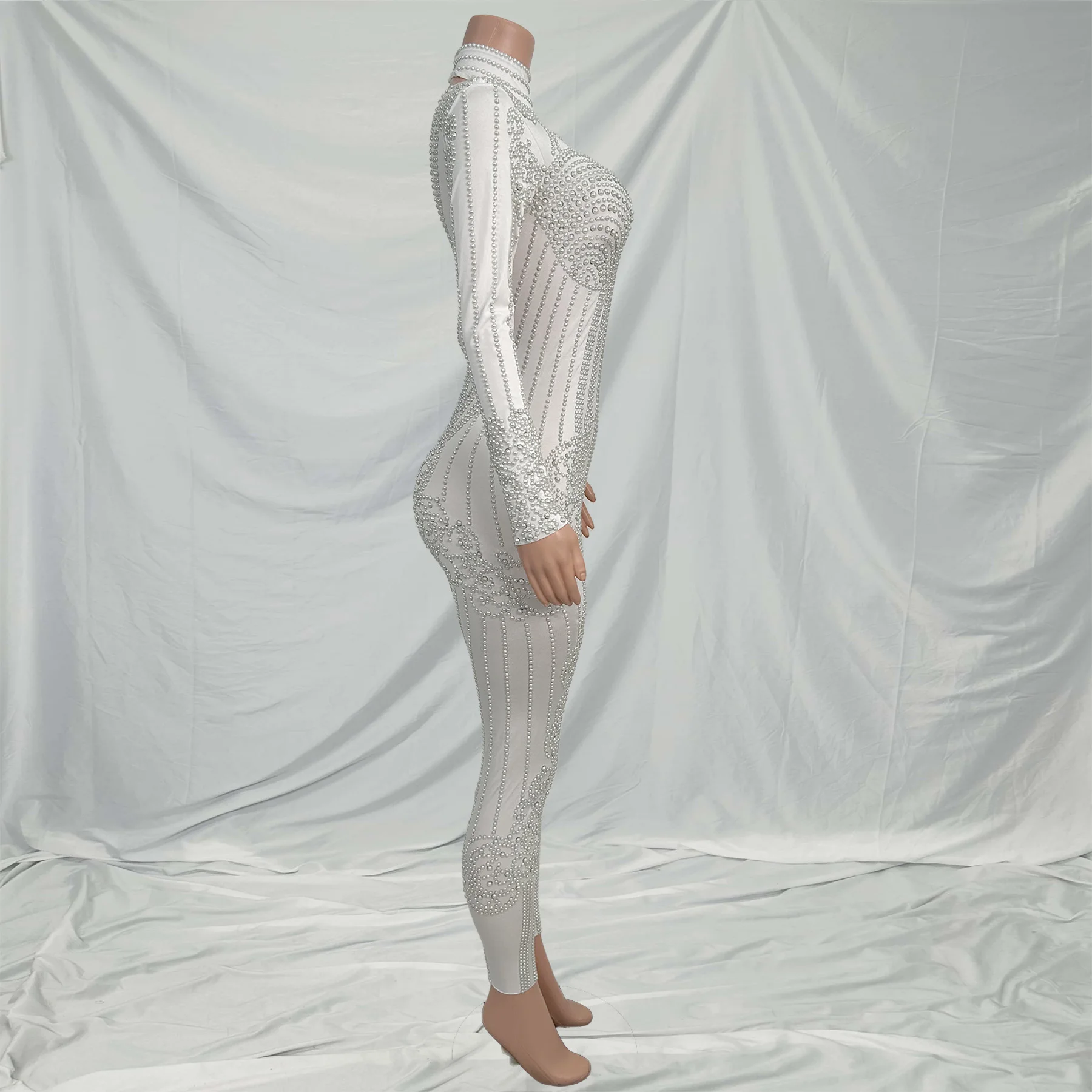 Sexy mangas compridas clube festa pérolas macacões feminino magro macacão festival roupas mostrar desempenho bodysuits dança playsuit