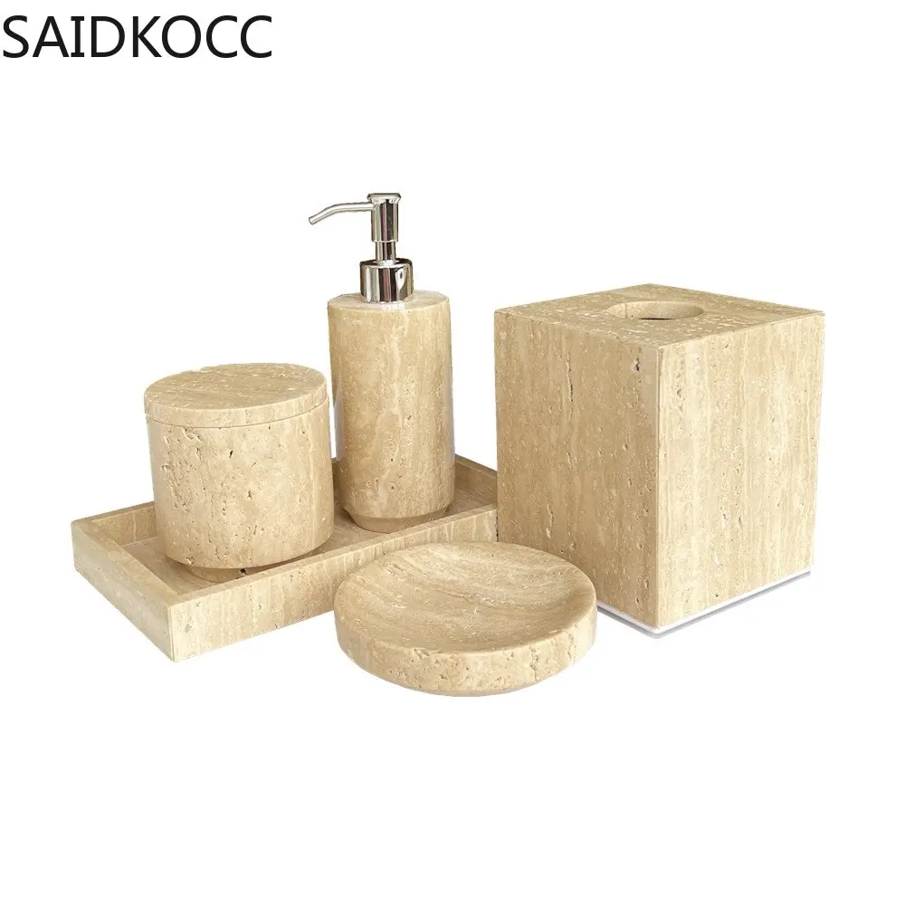 Travertine Set for Bathroom Soap Dispenser Toothbrush Holder Ashtray Aromatherapy Bottle Soap Dish Storage Tray