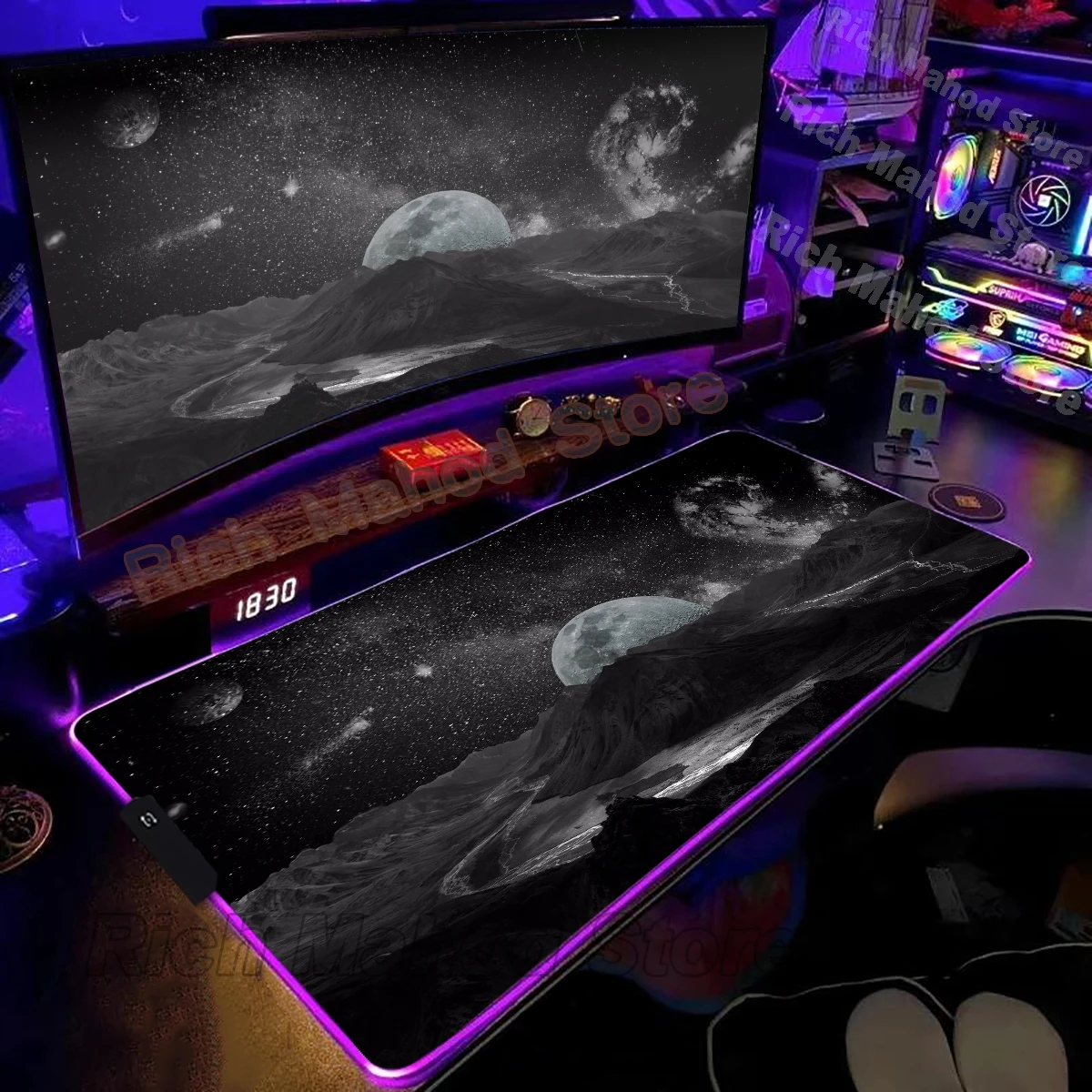 XXL Dark Moon Cloud RGB Mouse Pad Large Computer Gamer Desk Pad LED Light Anti-Slip Game Keyboard Mouse Pad PC Desk Accessories