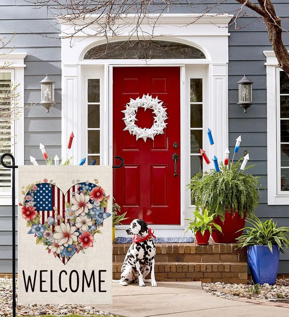 4th of July Patriotic Garden Flag 12x18 Double Sided, American Floral Heart Welcome Burlap Small Yard Flag for Independence  UUN