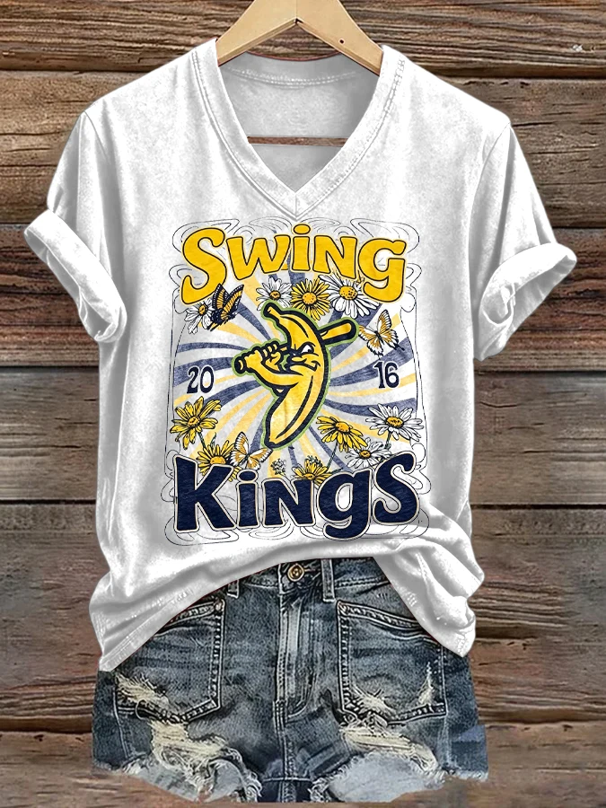 ilstile Women's Retro Funny Swing Kings Banana Baseball Graphic V-Neck T-Shirt Casual Short Sleeve Tee summer