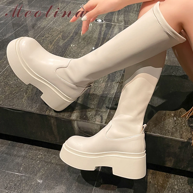 

Meotina Women Genuine Leather Ankle Boots Round Toe Platform Block High Heel Short Boot Ladies Fashion Shoes Autumn Winter Black