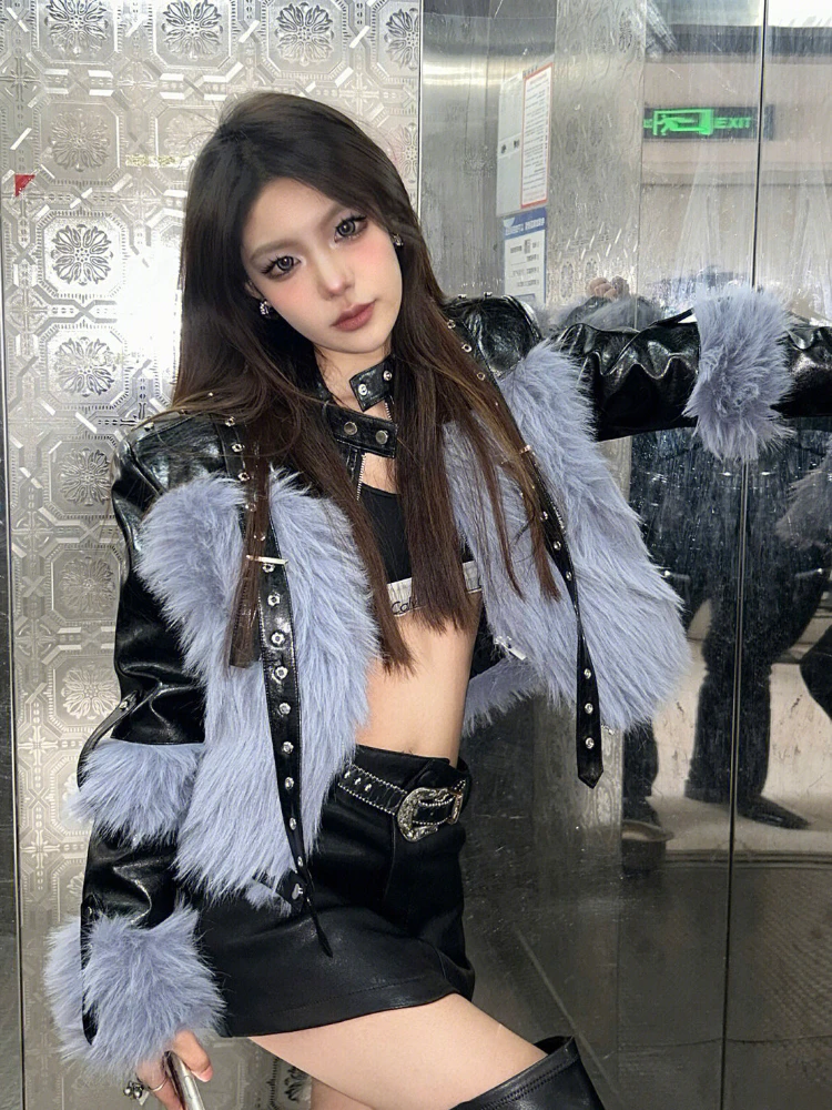 Sexy Spice Girl Leather Jacket Women's 2023 Winter New High Quality Belt Buckle Faux Fur Down Liner Fashion Coat