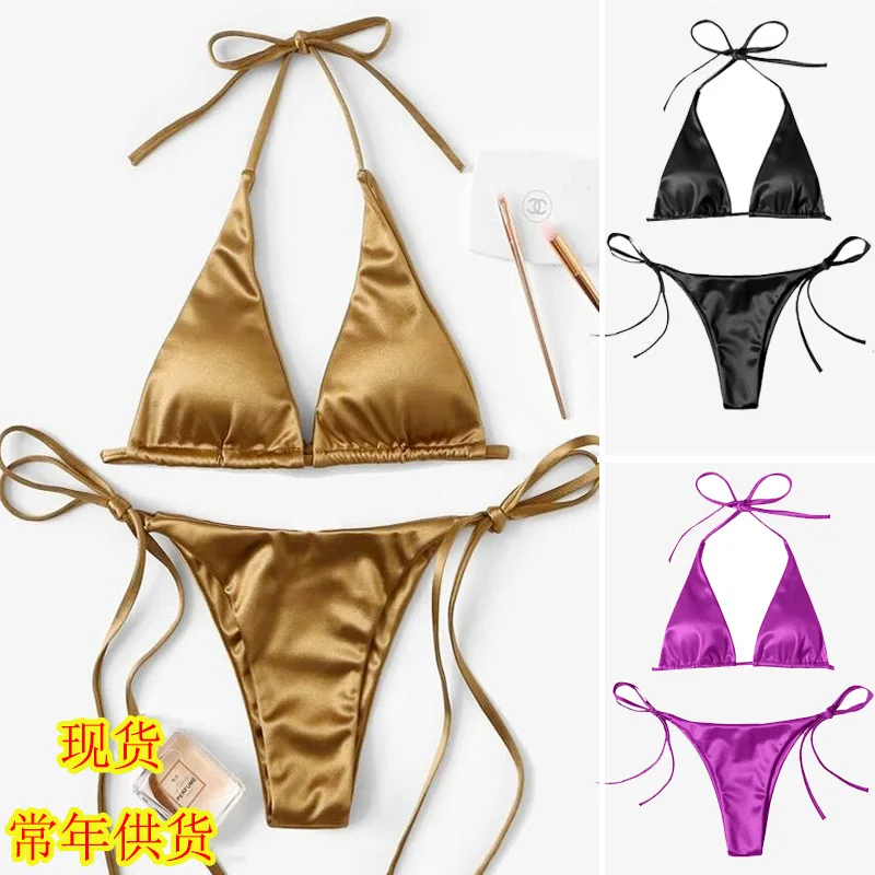 

Wrap Around Halter Metallic Satin Bikini Women Swimwear Female Swimsuit Two-pieces Bikini Set Brazilian Bathing Suit Swim Lady