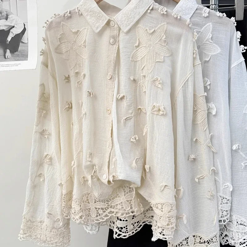 Turn Down Collar Embroidery Stereo Flower Shirts Single-breasted Sweet Lace Patchwork Blouses Vintage Blusas Mujer De Moda 2024