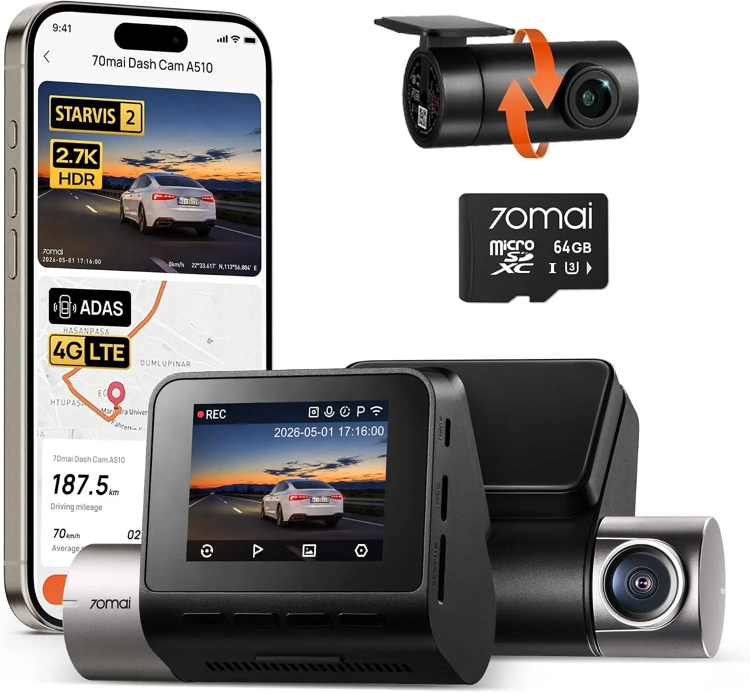 Dual Dash Cam 1944P 1080P STARVIS 2 IMX675 64GB Card 4G LTE ADAS GPS WiFi APP Control HDR 24H Parking Mode Loop Recording