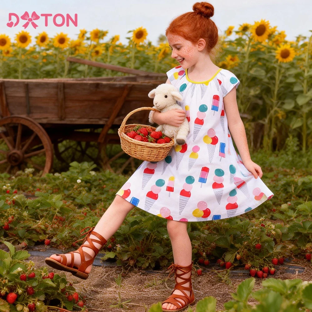 DXTON Summer Girls Dress Ice Cream Print Kids Sleeveless Outfits Beach Holiday Children Dress A-line Girls Casual Outerwear
