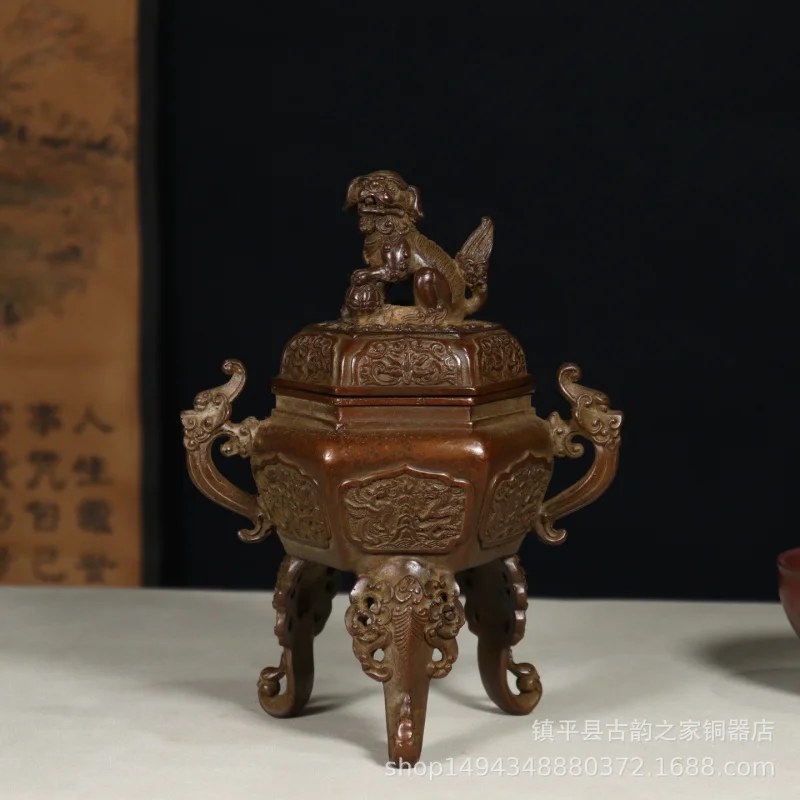 Pure Copper Lion Cover Elephant-shaped Leg Incense Burner with Carved Dragon Phoenix for Office and Living Room Decoration