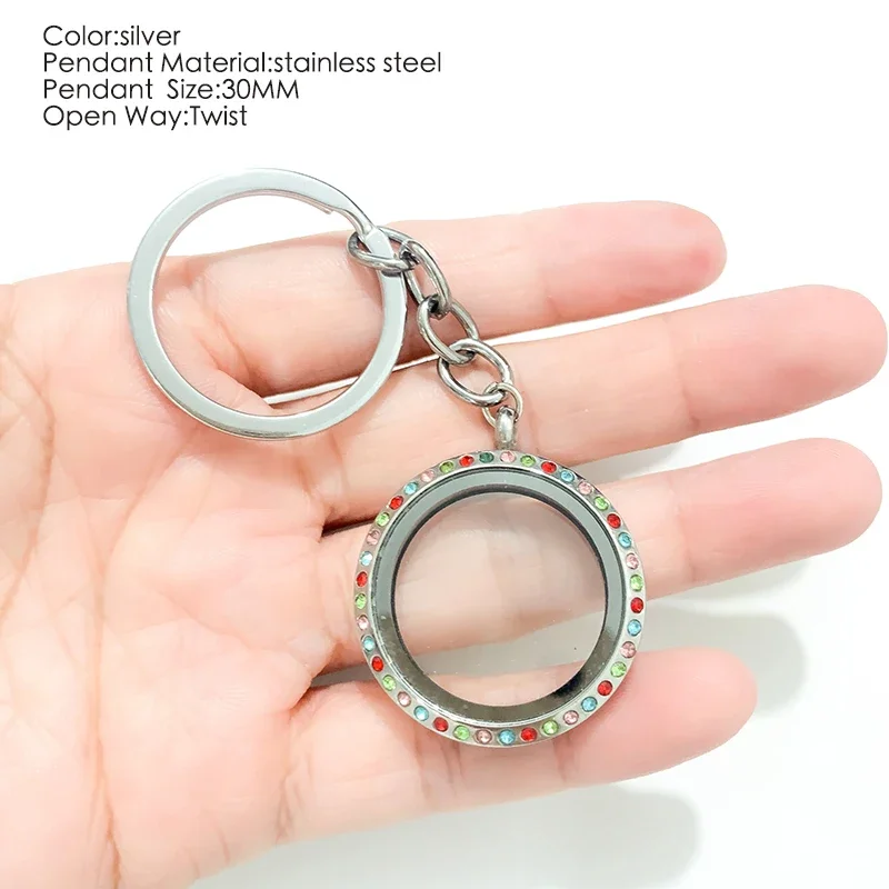 30MM Stainless Steel Screw Glass Floating Locket Pendant Keychains Crystal Memory Lockets Key Chain for Christmas Gift