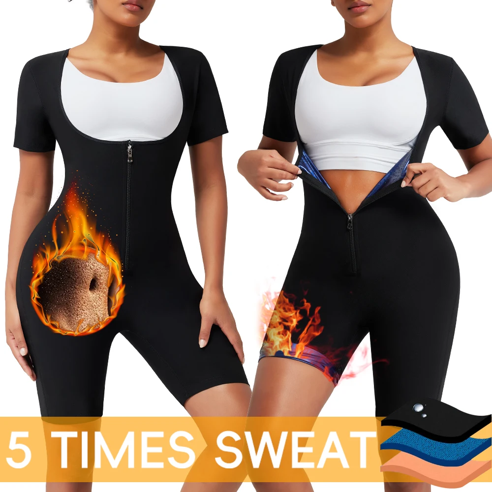 

3 In 1 Sauna Suit for Women Full Body Waist Trainer Zipper Short Sleeve Sweat Suit Slimming Body Shaper Workout Tops Jumpsuit