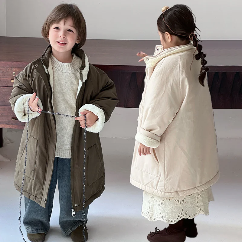 2‑6 Years Kids Mid‑Length Parka Winter Coat Boys Girls Windproof Thickened Warm Jacket Casual Loose Cotton Outerwear
