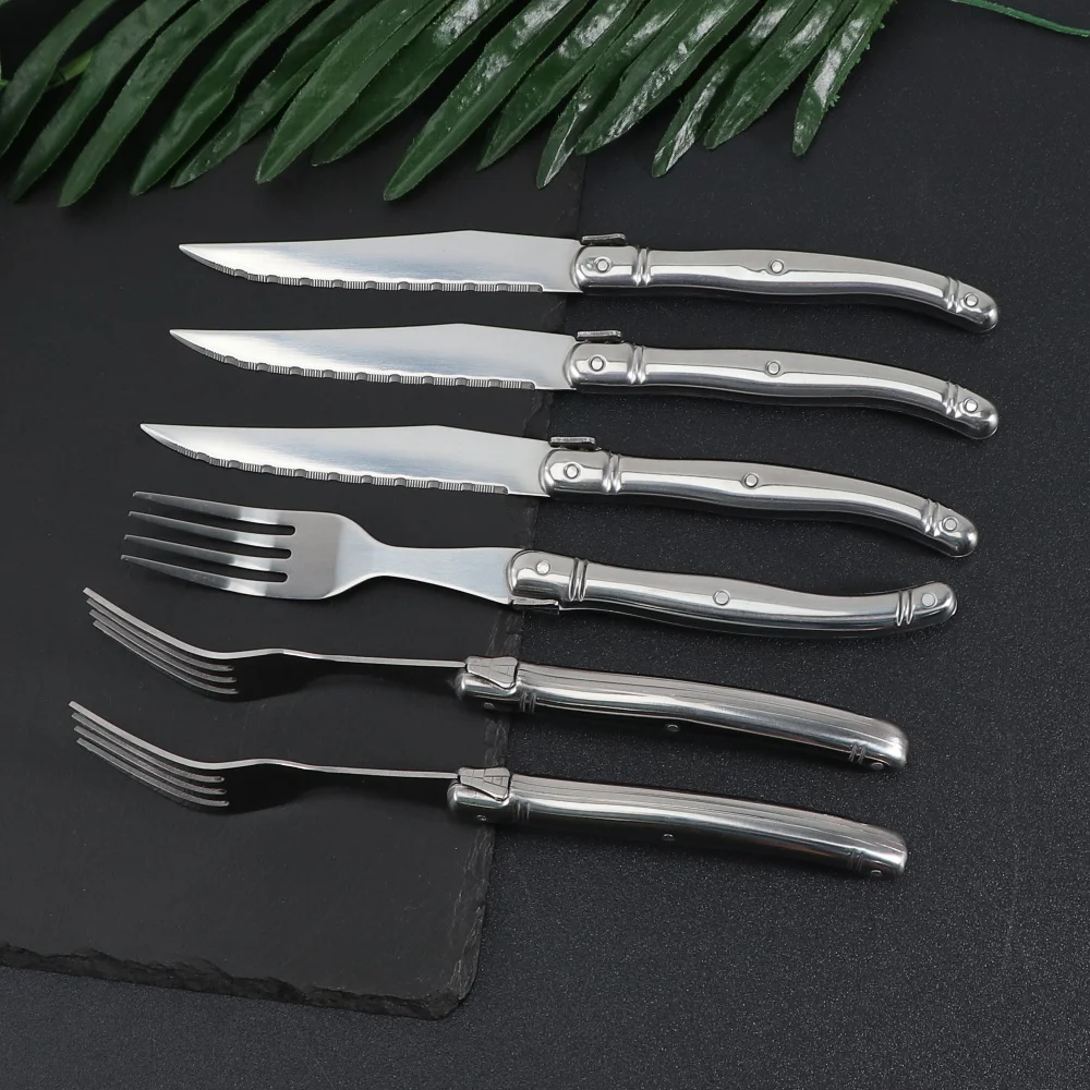 Jaswehome 6pcs Stainless Steel Flatware Set Laguiole Decorated 3Pcs Dinner Knives&3Pcs Forks Sets Western Dinnerware