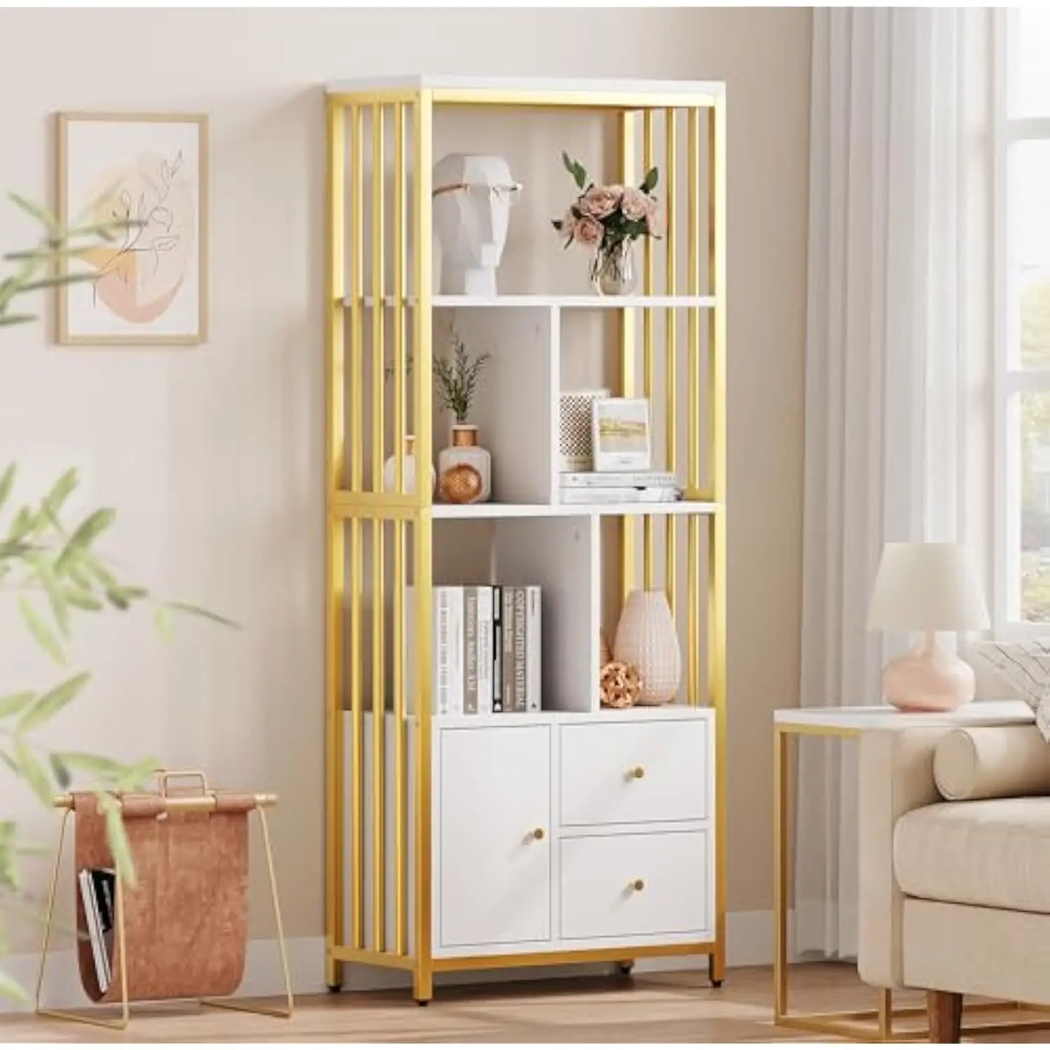 

IDEALHOUSE Gold Bookshelf with Drawers Modern Bookcase Storage Rack Shelf Tall Standing Bookshelves Metal Frame Large Display R