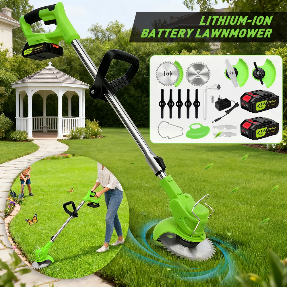 Adjustable 22000RPM Cordless Electric Lawn Mower 3-in-1 Wireless Portable Garden Grass Trimmer Fully Automatic Weed Hoeing Tool with 2Li-Ion Batteries &3Types Cutting Blades High Power Outdoor Home Brush Cutter