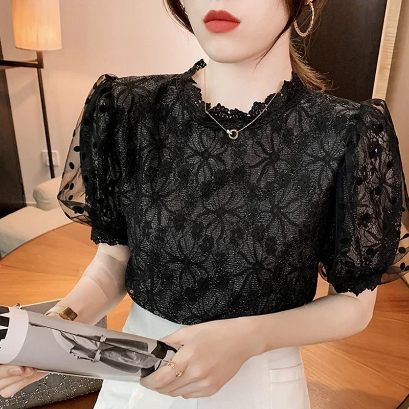 Women White Lace Blouses SummerFashion Hollow Out Black Blusas Mujer Casual Korean Style Elegant Puff Sleeve Tops Vintage