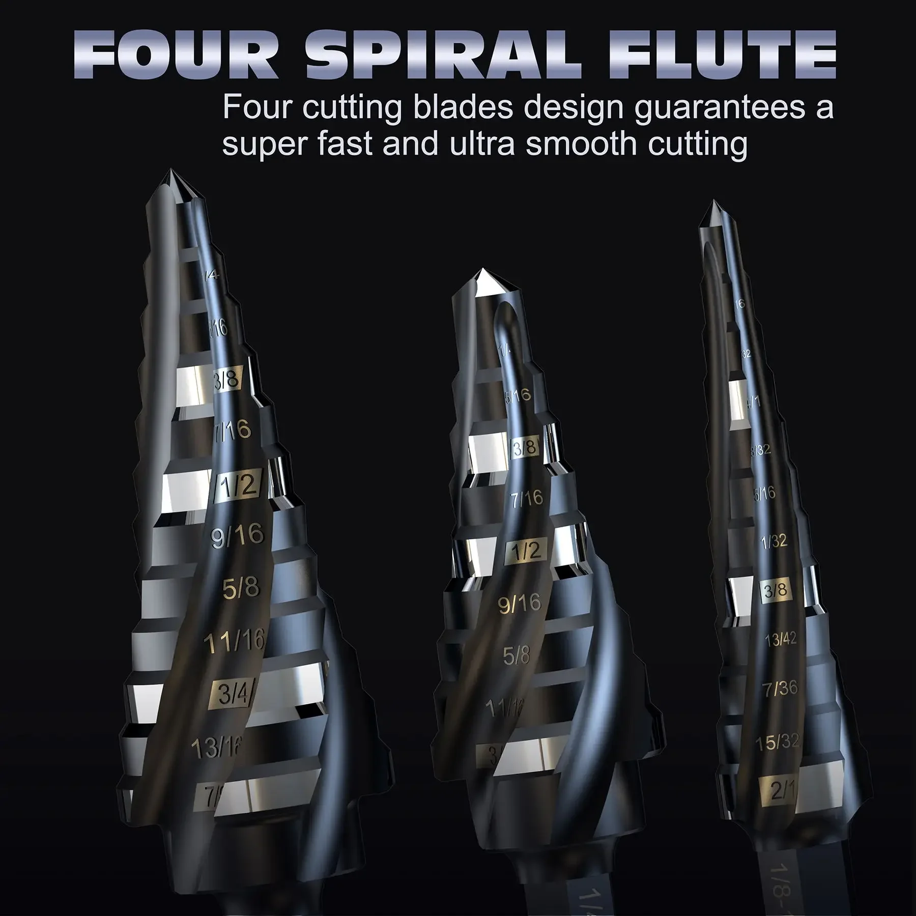 1WANYUE 3pcs 4 Spiral Flute Step Drill 1/8