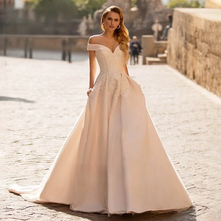 

Boho Wedding Dresses A-line Off The Shoulder Lace Bridal Gown Saudi Arabic Dubai Islamic Vestido De Noiva Customized