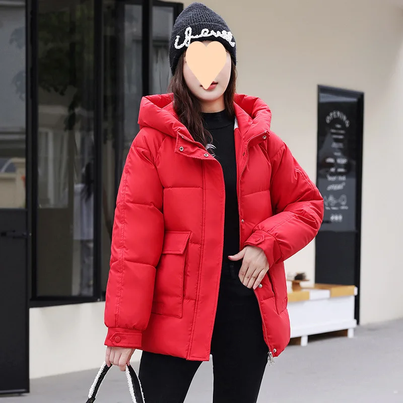 Autumn Winter Women\'s Stand Collar Hooded Warm Parka Jackets Solid Big Pocket Button Ladies Zipper Loose Cotton Coat
