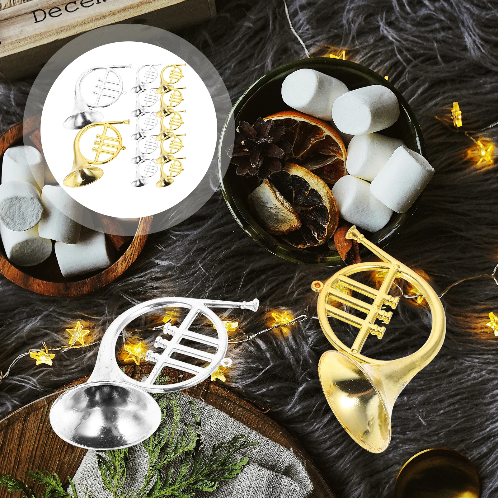 

12pcs French Horn Ornaments Simulated Plastic Christmas Tree Hanging Decor Music Instrument Christmas Tree Pendant Mini Charm