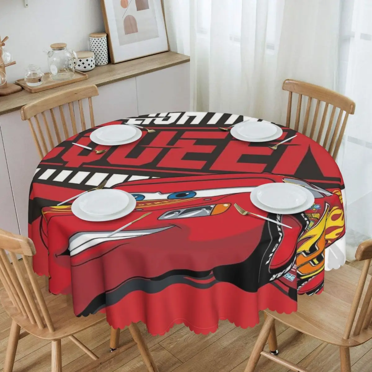 Custom Round Lightning Mcqueen Tablecloth Waterproof Oil-Proof Table Covers 60 inches Cars Table Cloth