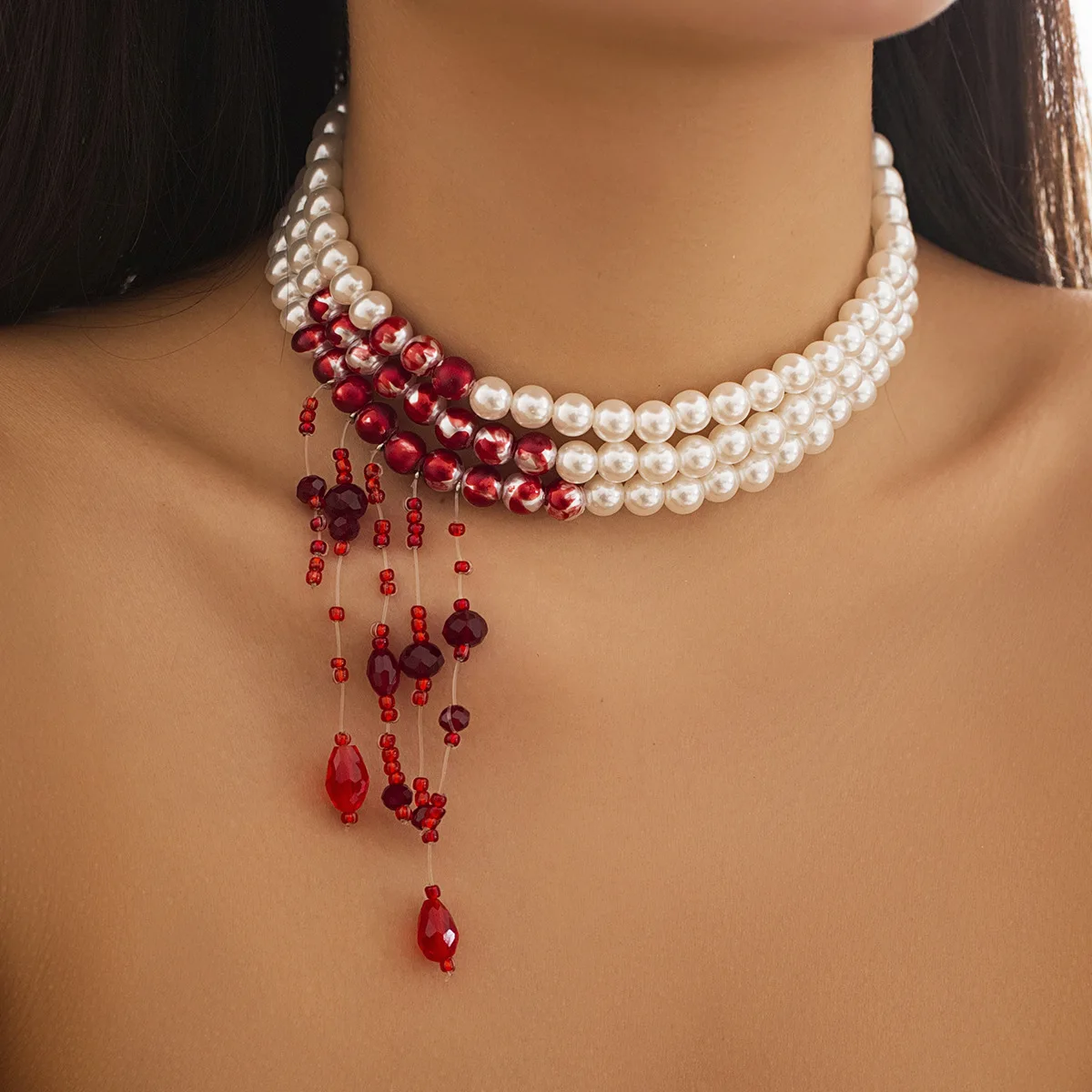 

Dripping Blood Imitation Pearls Halloween Party Choker Necklace Vampire Party Costume Personalized Multi-layer Necklace
