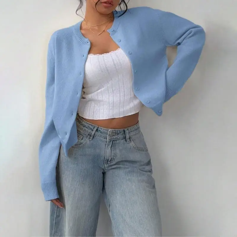 

Y3NE (цельный) женский укороченный кардиган на пуговицах с длинными рукавами и круглым вырезом, милый вязаный свитер